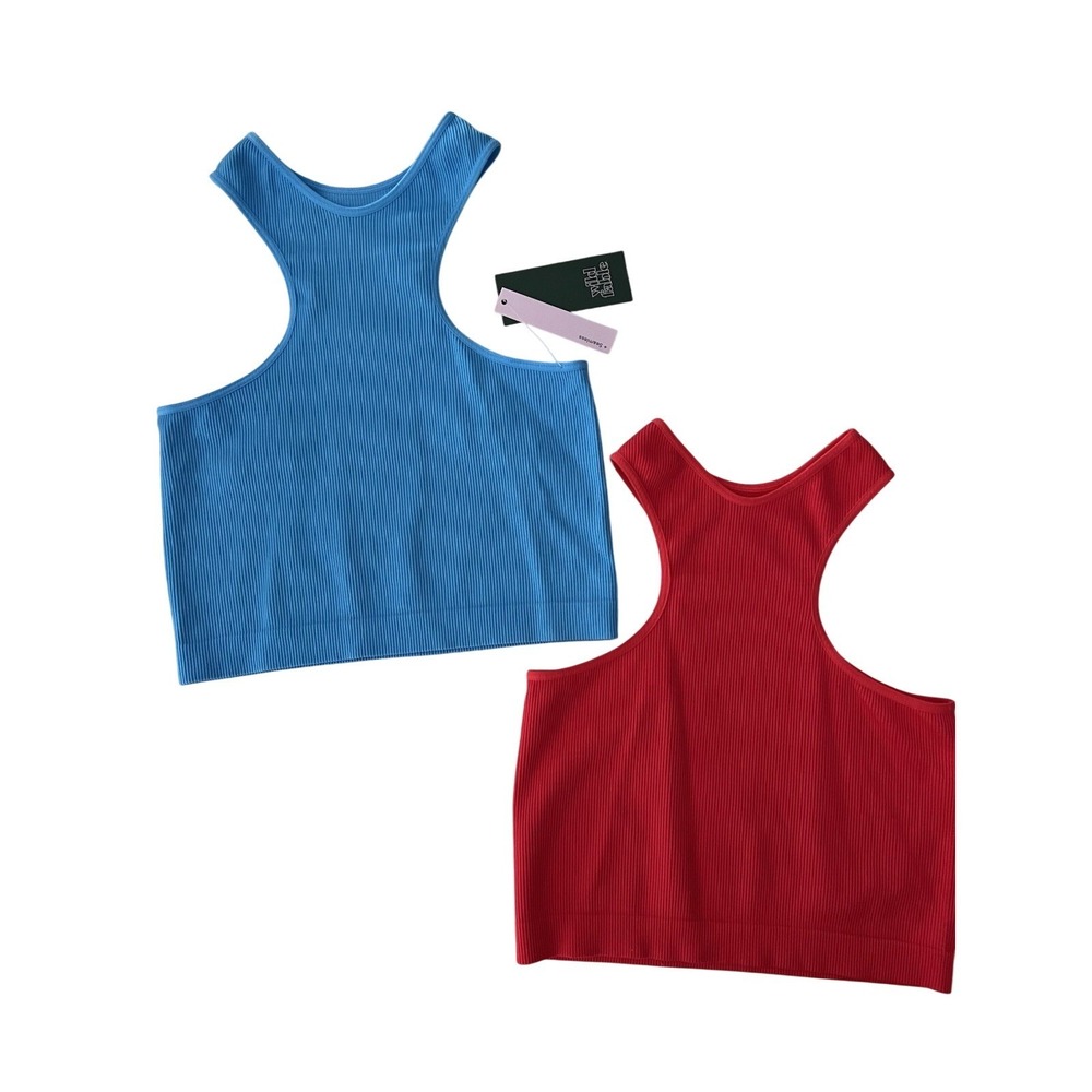 Wild Fable Womens XS Seamless Ribbed Crop Tank Top 2‎ Pack Blue Red High Neck